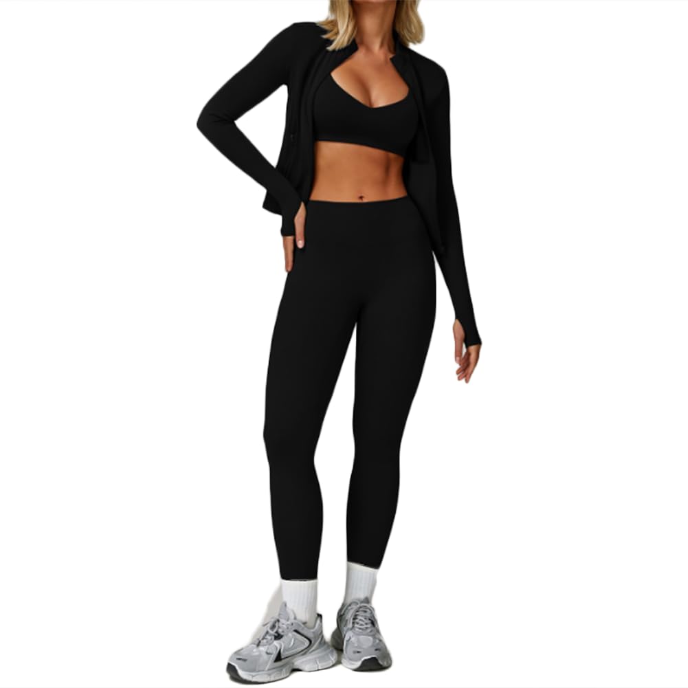 Women's Seamless 3-Piece Activewear Set with Jacket, Bra & Leggings