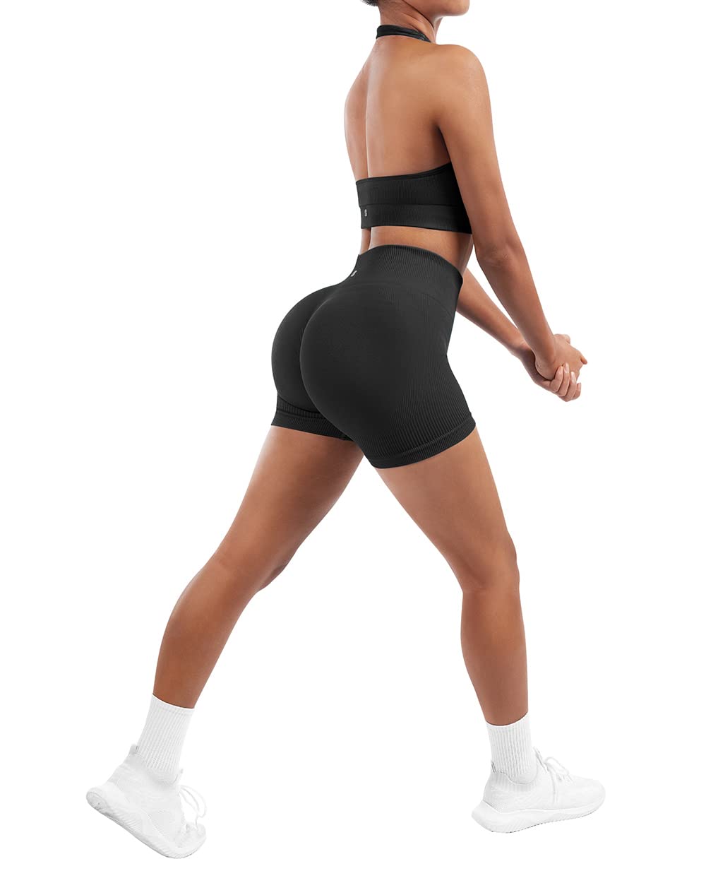 SUUKSESS Women Seamless Ribbed Workout Set Backless Sports Bra Booty Biker Short