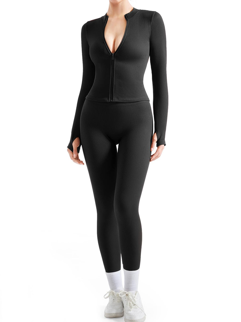 Women's Ribbed Seamless Workout Set with Zip Jacket & High Waisted Gym Leggings