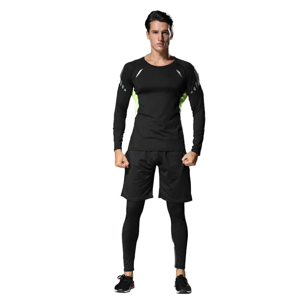 3 PCS Men's Compression Set - Workout Long Sleeve Top & Pants with running Shorts | Moisture-Wicking Gym Bundle