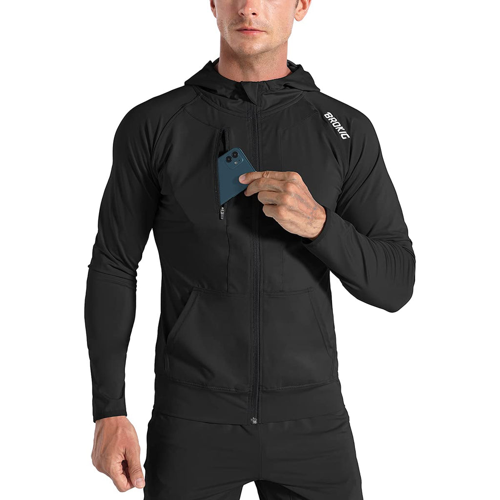 Men's Lightweight Windbreaker Running Jacket with Zip Pockets, Workout Track Hoodie