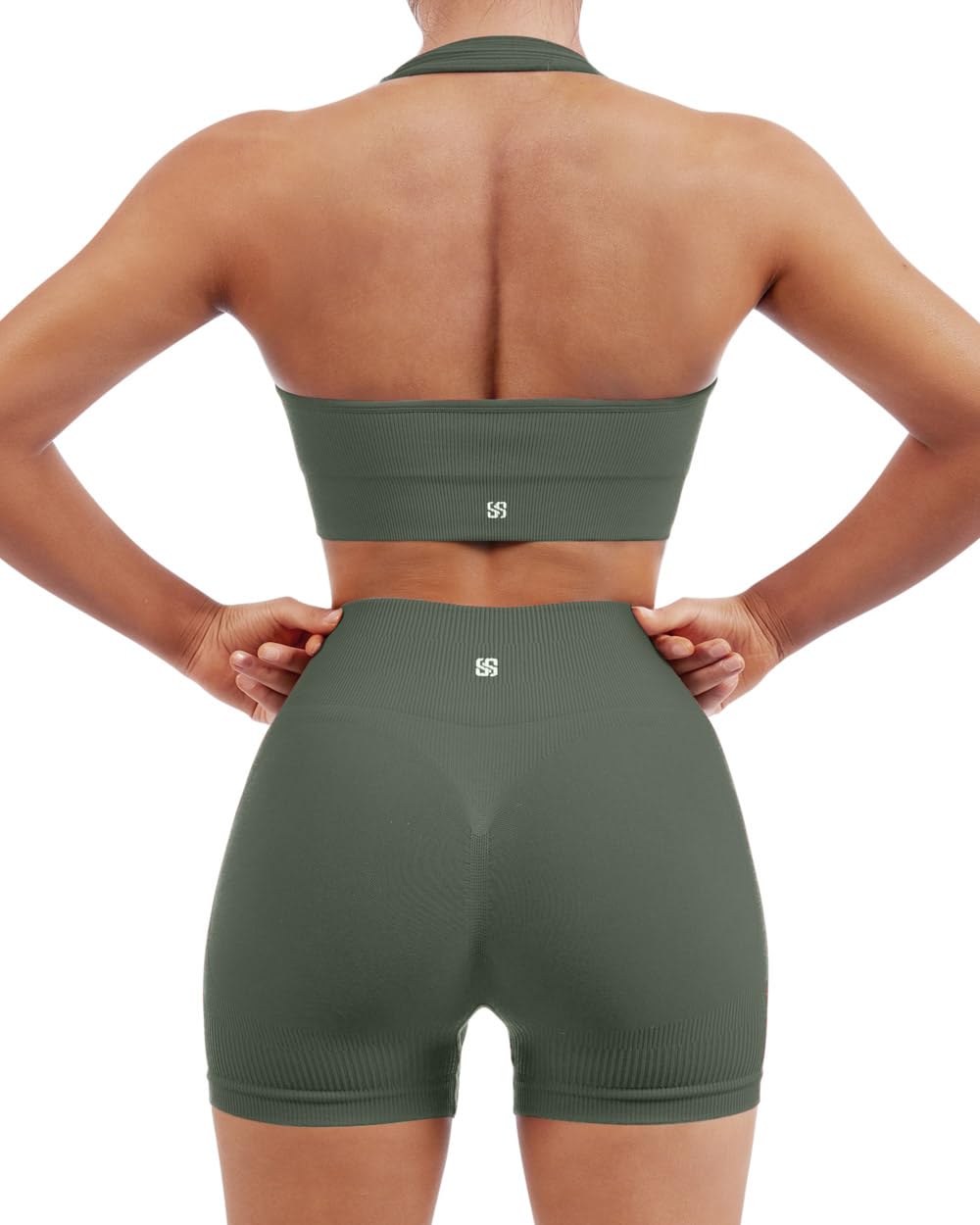 SUUKSESS Women Seamless Ribbed Workout Set Backless Sports Bra Booty Biker Short