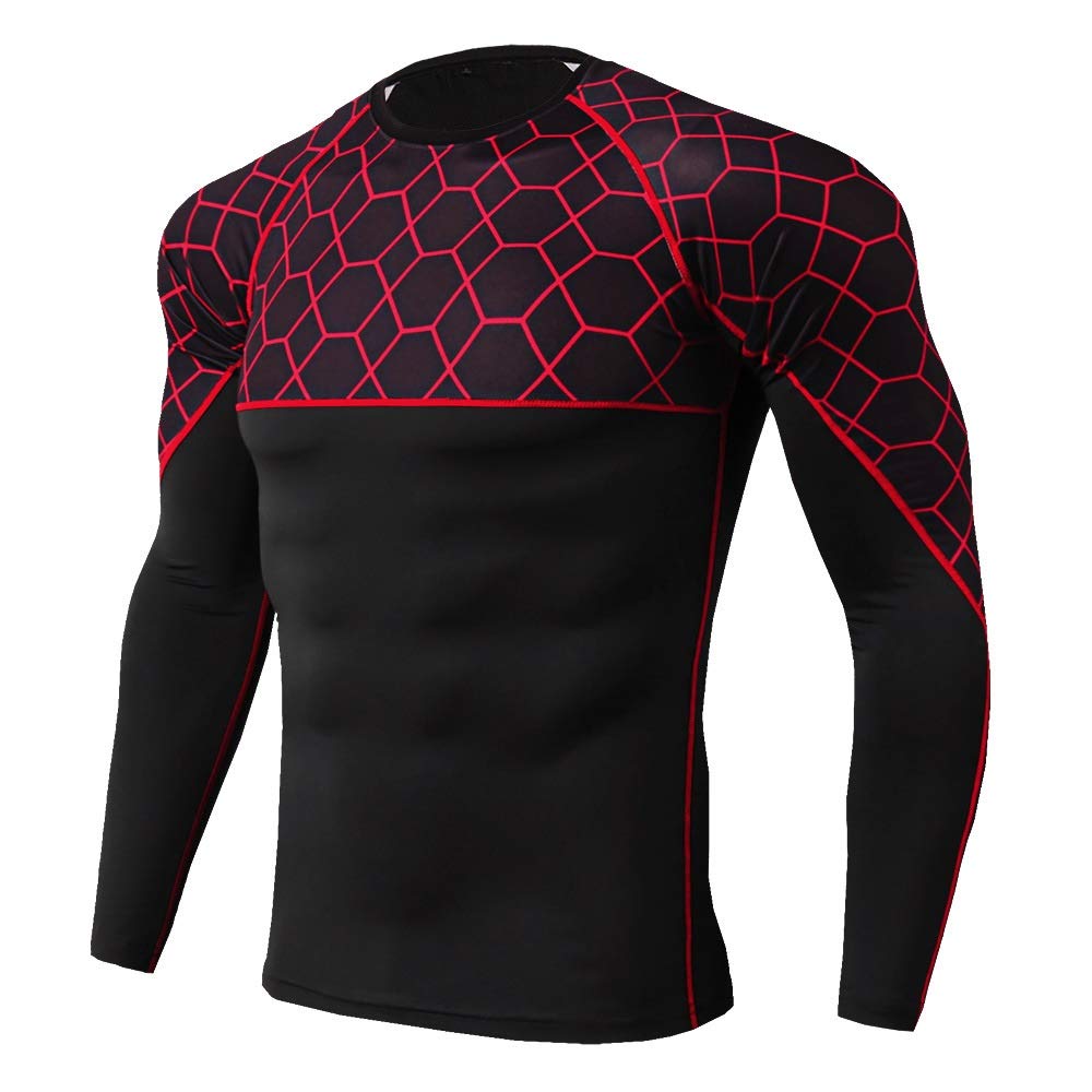 UOYHBTA Men's Fitness Sports Running Training Sets Mesh Printed Long Sleeve Suits Fast Dry High Elastic Tight T-shirt+Pants