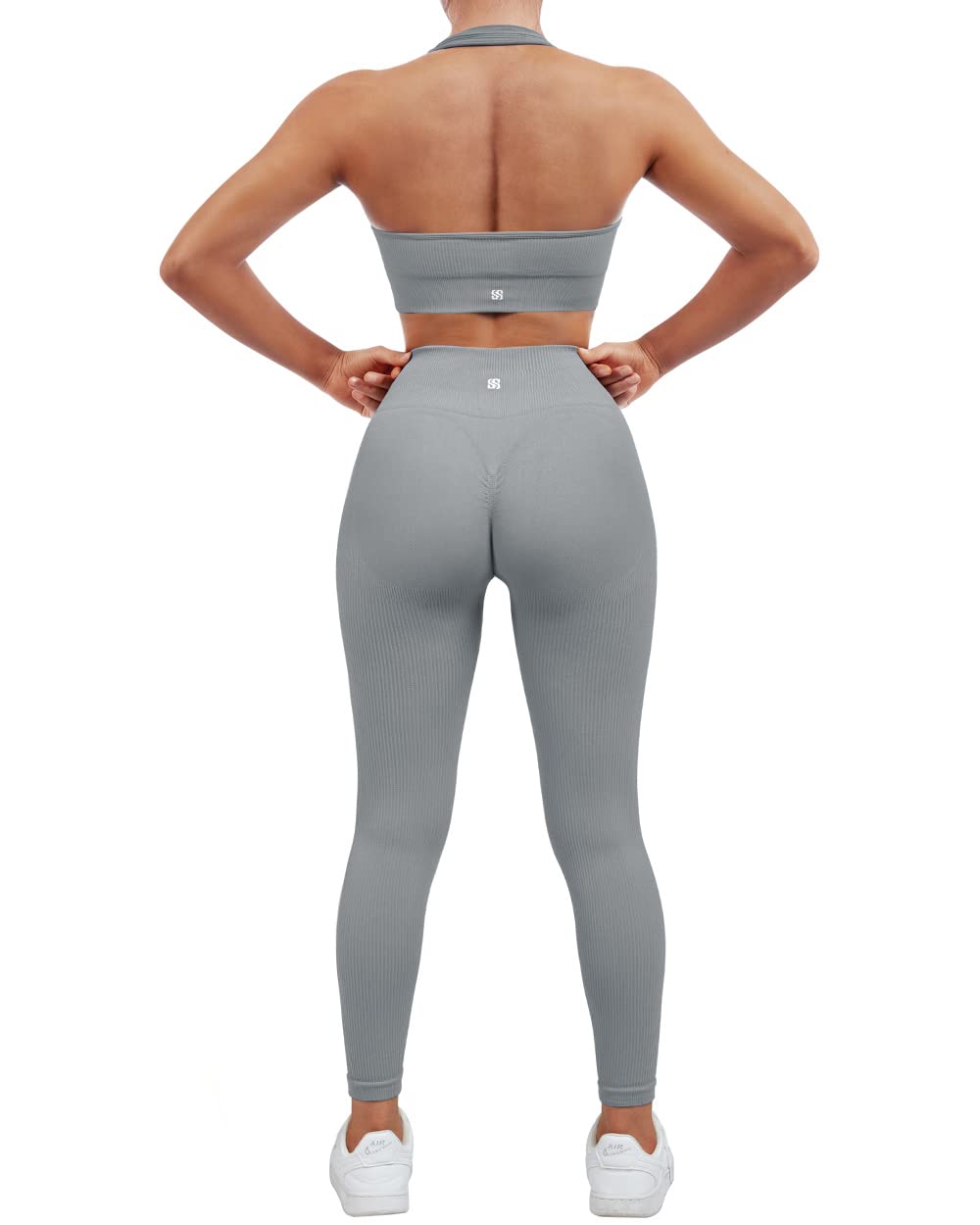 SUUKSESS Women Seamless Ribbed Workout Set Backless Sports Bra Booty Biker Short