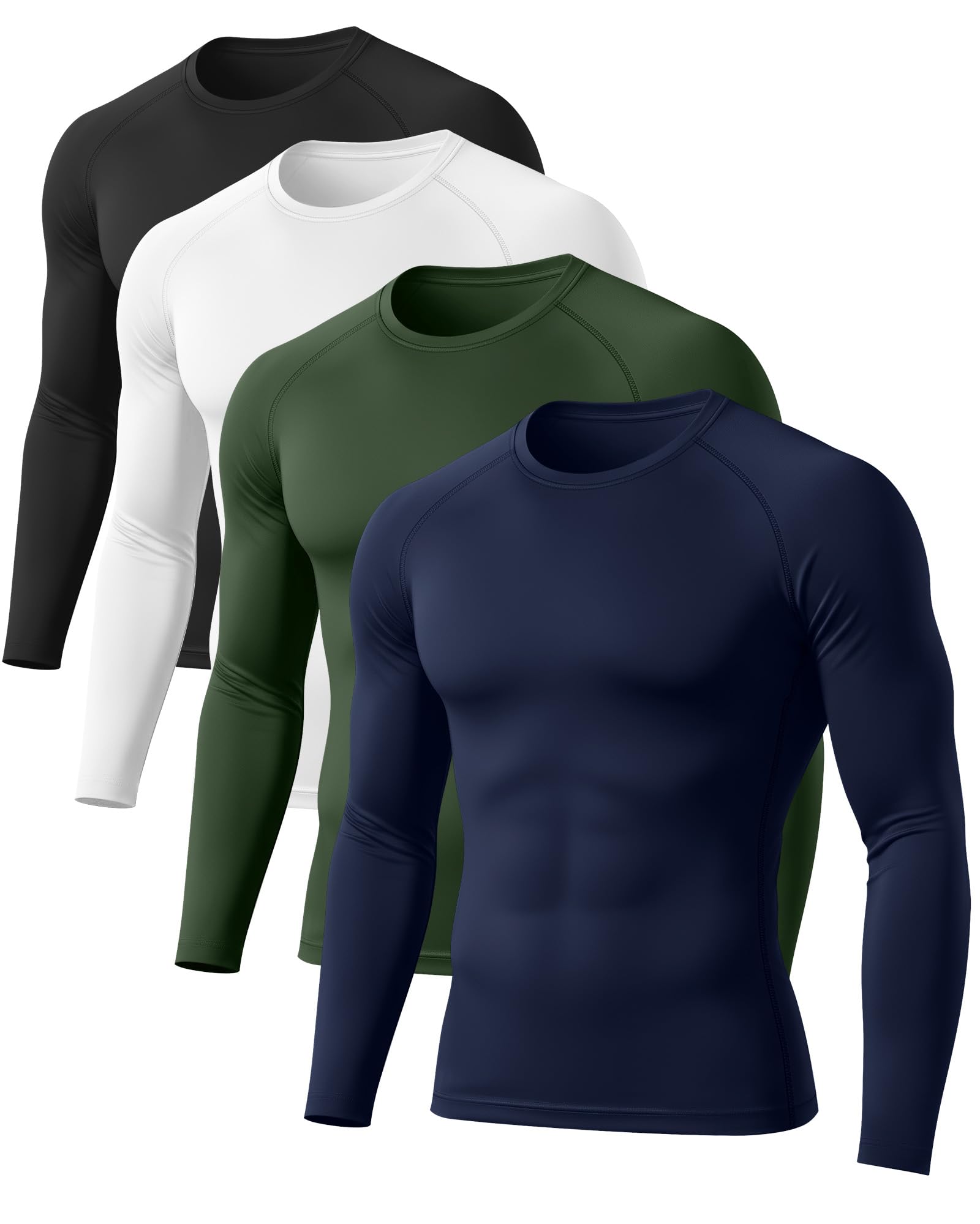 August Alley 4 Pack Mens Long Sleeve Compression Shirts Crew Neck Workout Tight Tops Athletic Base Layer Undershirts