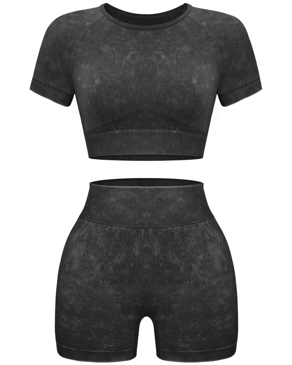 OLCHEE Seamless Acid Wash 2-Piece Workout Set Women Crop Top & Shorts Yoga Gym Outfit