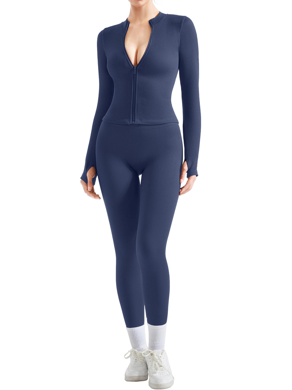 Women's Ribbed Seamless Workout Set with Zip Jacket & High Waisted Gym Leggings