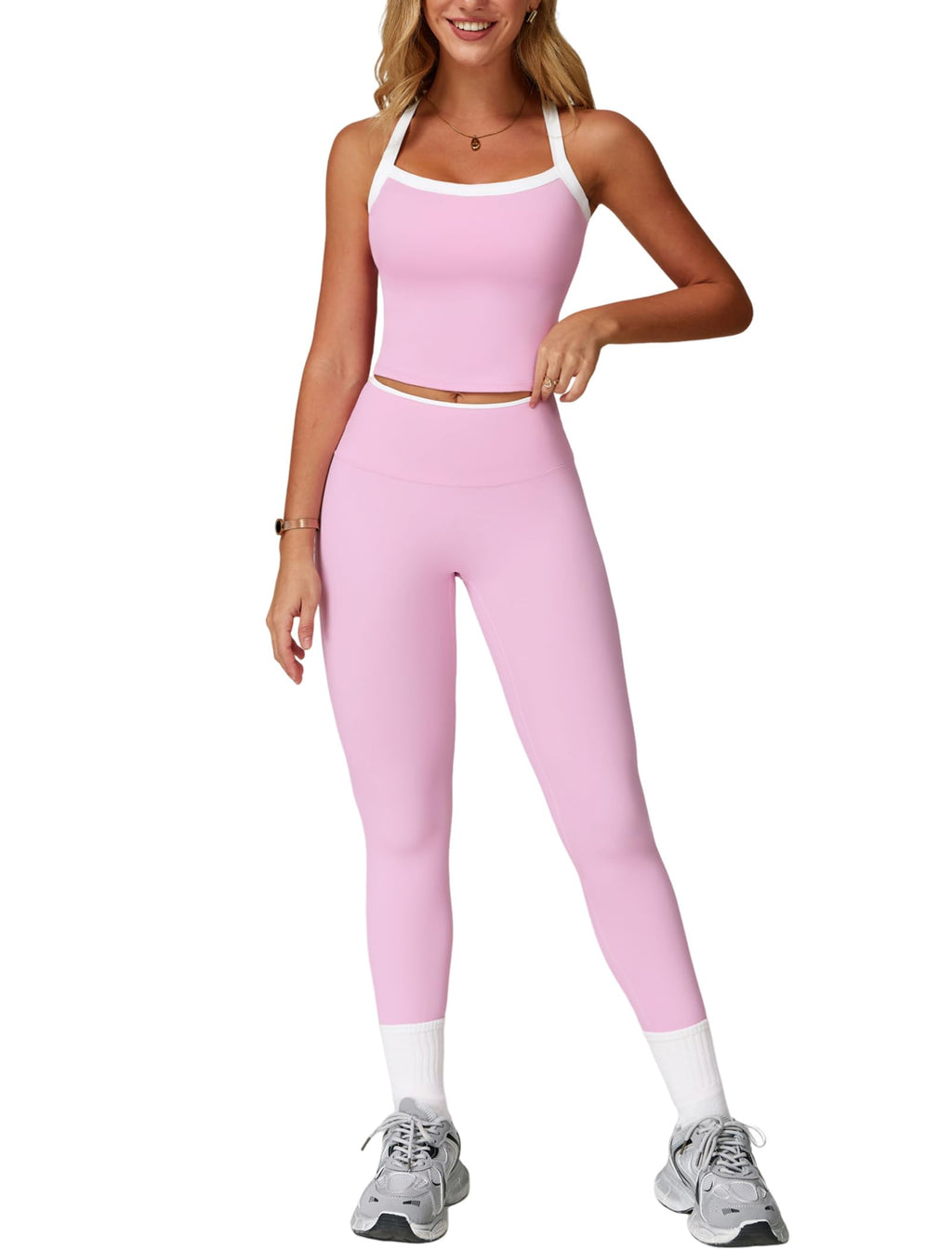 Women's Cross-Back Workout Set with Tank Top & High-Waist Leggings