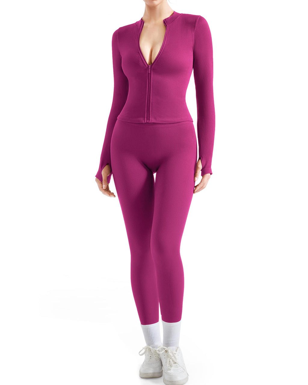 Women's Ribbed Seamless Workout Set with Zip Jacket & High Waisted Gym Leggings