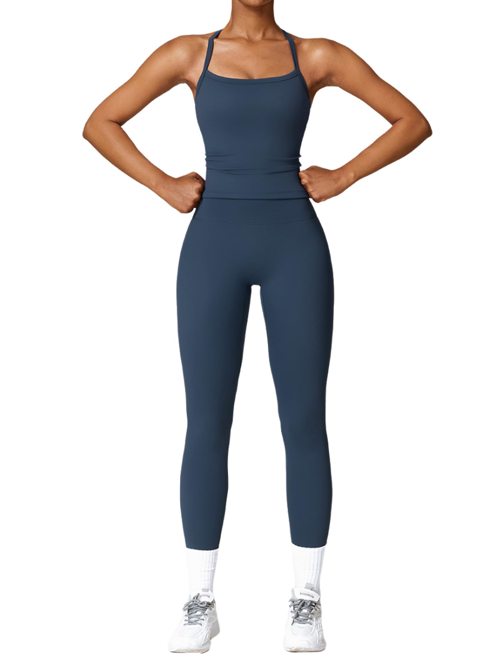 Women's Cross-Back Workout Set with Tank Top & High-Waist Leggings