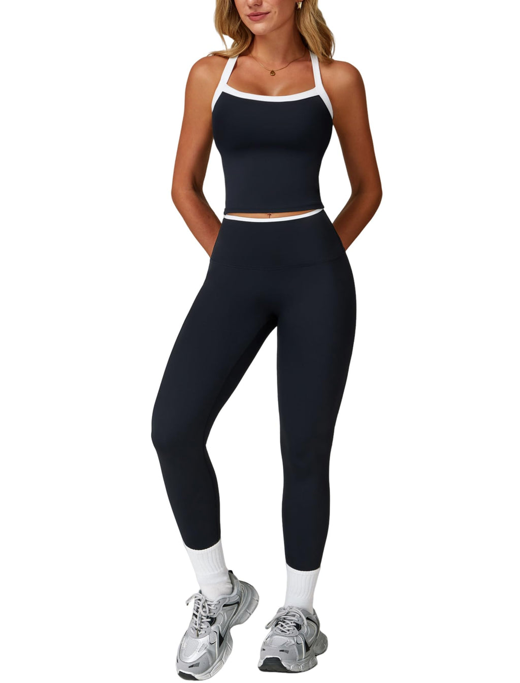 Women's Cross-Back Workout Set with Tank Top & High-Waist Leggings