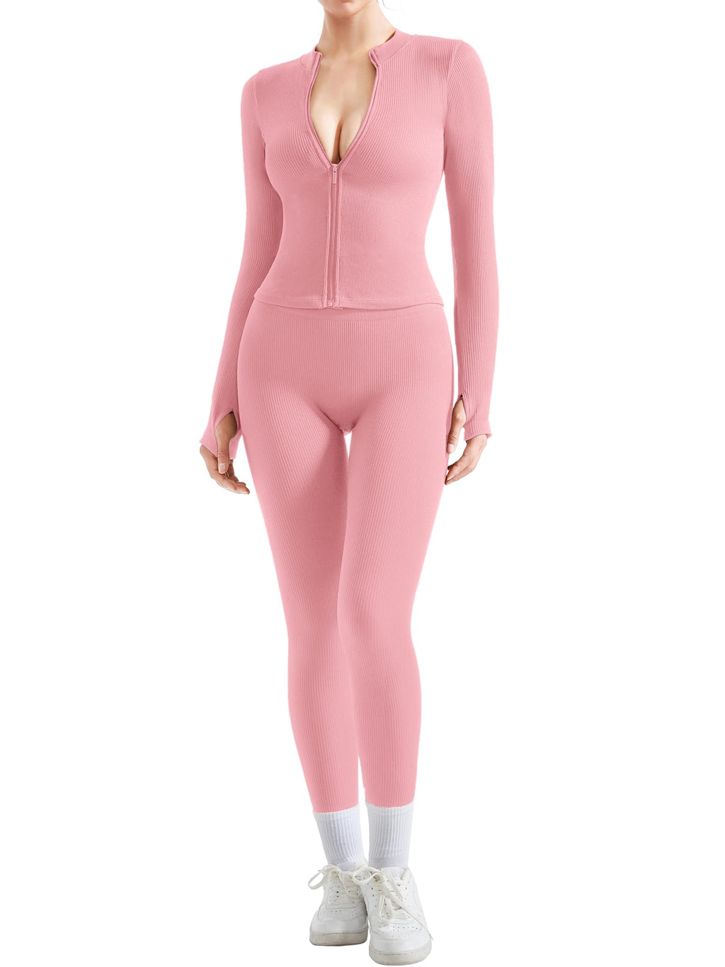 Women's Ribbed Seamless Workout Set with Zip Jacket & High Waisted Gym Leggings