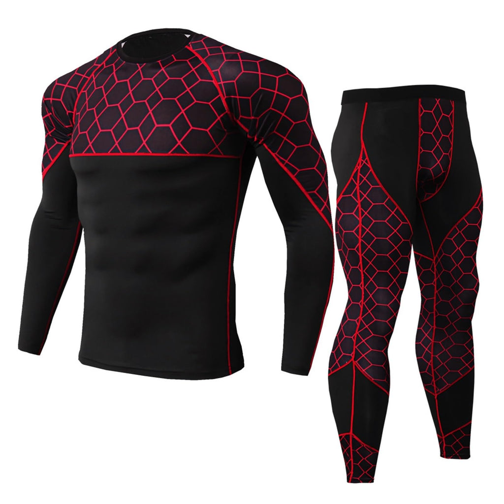 UOYHBTA Men's Fitness Sports Running Training Sets Mesh Printed Long Sleeve Suits Fast Dry High Elastic Tight T-shirt+Pants