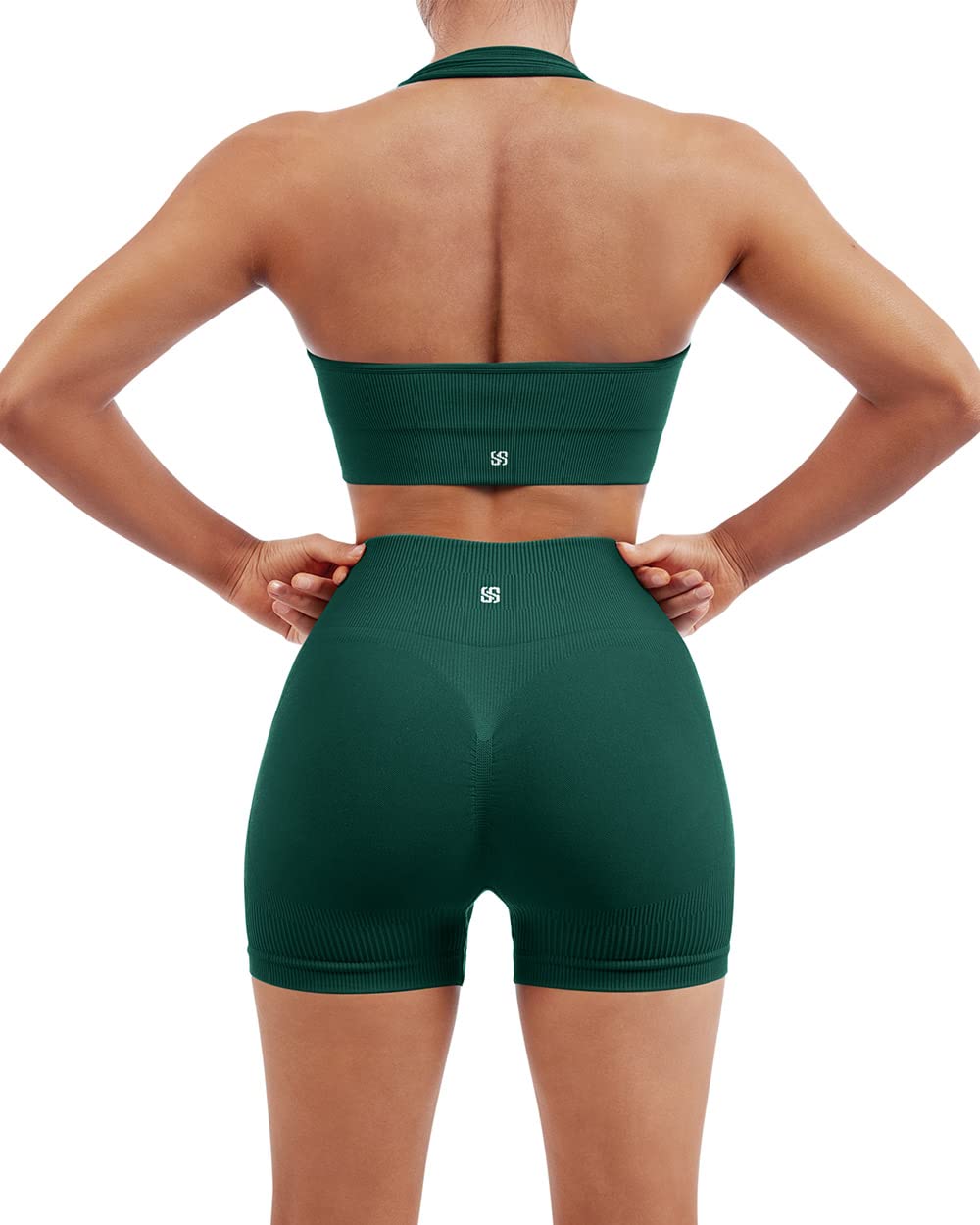 SUUKSESS Women Seamless Ribbed Workout Set Backless Sports Bra Booty Biker Short
