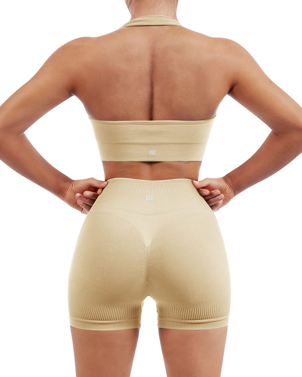 SUUKSESS Women Seamless Ribbed Workout Set Backless Sports Bra Booty Biker Short