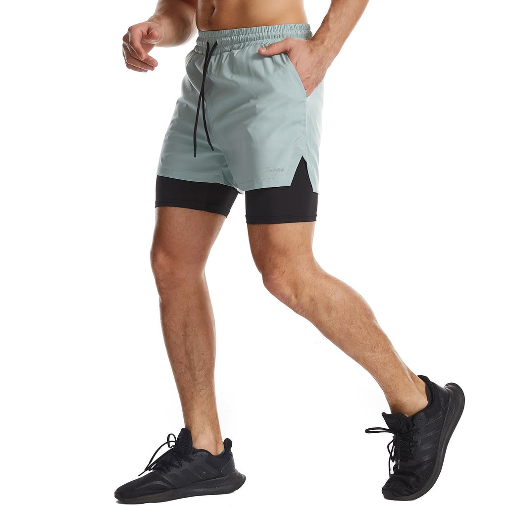 Surenow Mens 2 in 1 Running Shorts Quick Dry Athletic Shorts with Liner, Workout Shorts with Zip Pockets and Towel Loop