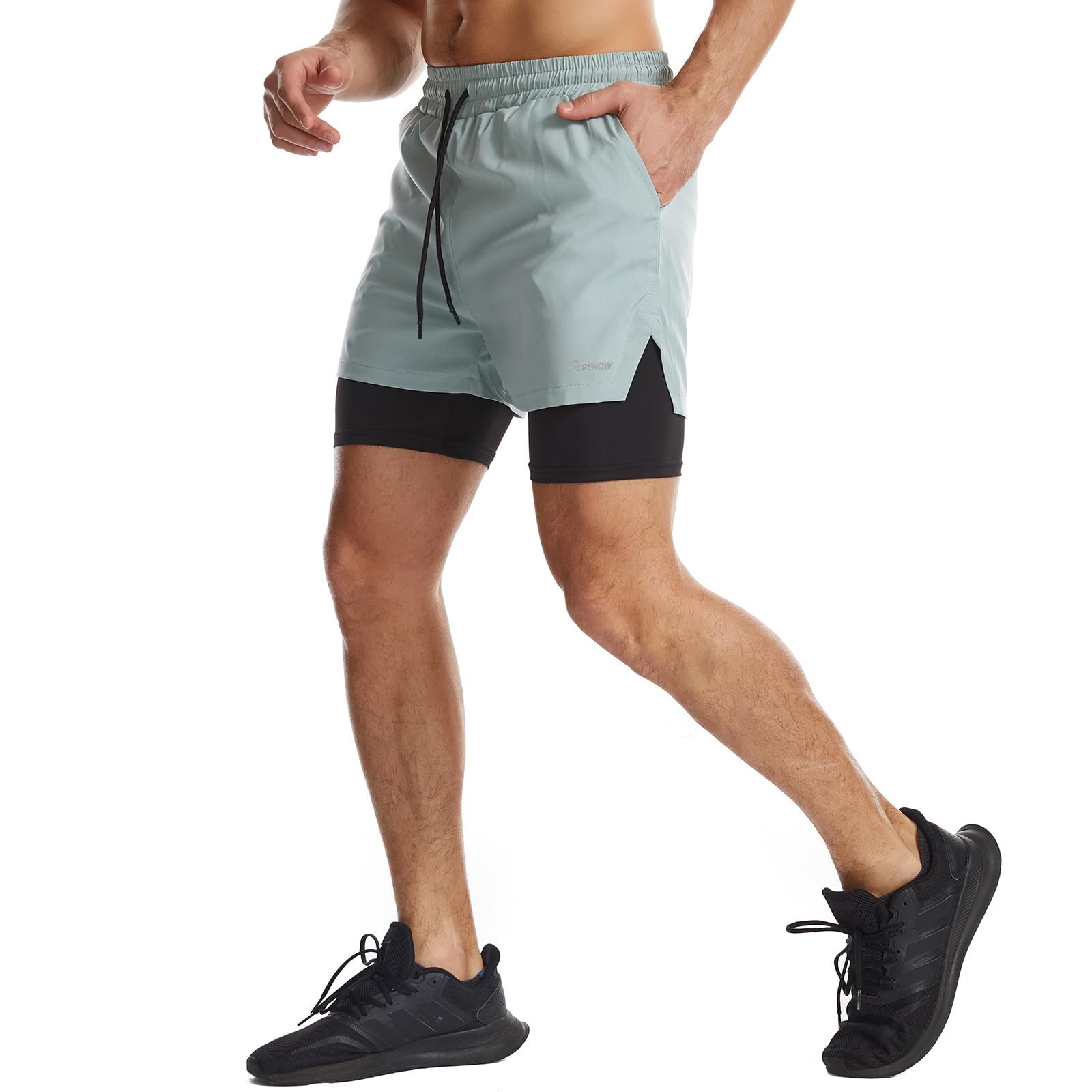 Surenow Mens 2 in 1 Running Shorts Quick Dry Athletic Shorts with Liner, Workout Shorts with Zip Pockets and Towel Loop