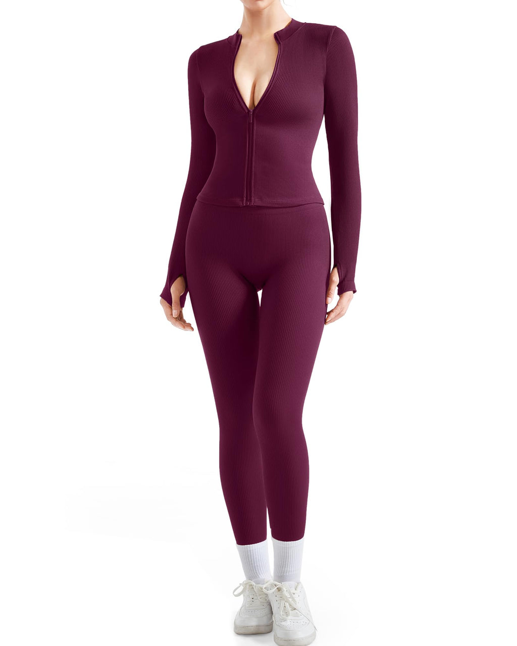 Women's Ribbed Seamless Workout Set with Zip Jacket & High Waisted Gym Leggings