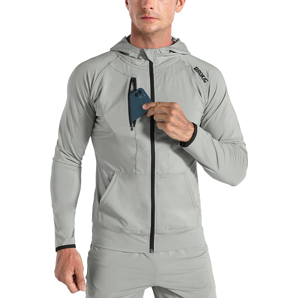 Men's Lightweight Windbreaker Running Jacket with Zip Pockets, Workout Track Hoodie
