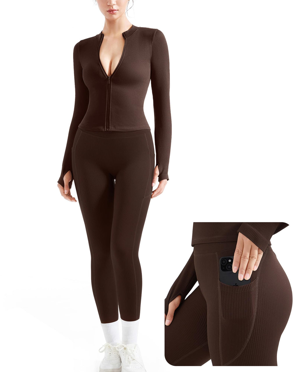 Women's Ribbed Seamless Workout Set with Zip Jacket & High Waisted Gym Leggings