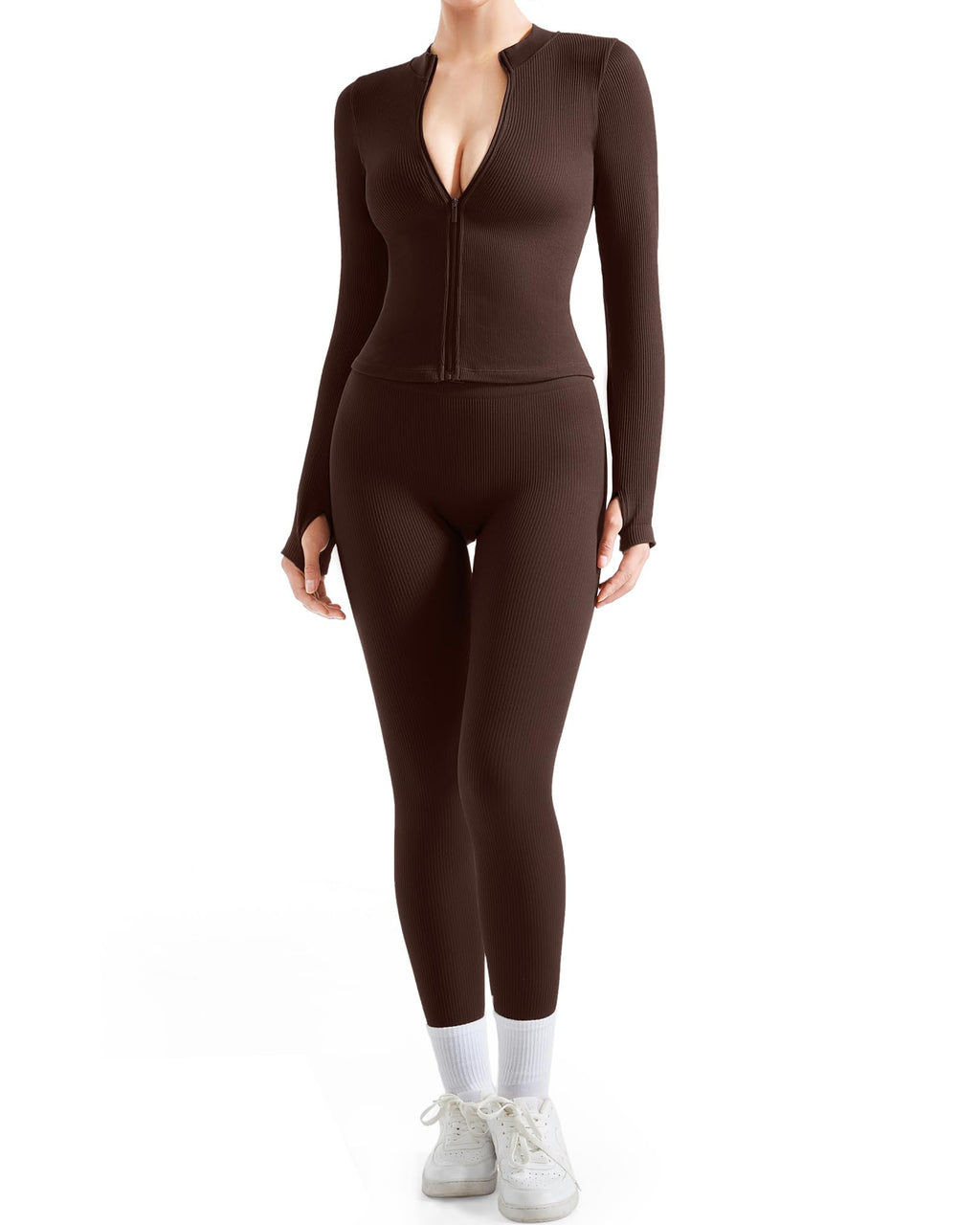 Women's Ribbed Seamless Workout Set with Zip Jacket & High Waisted Gym Leggings