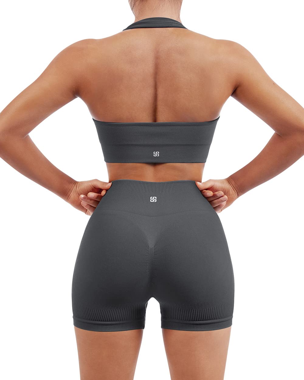 SUUKSESS Women Seamless Ribbed Workout Set Backless Sports Bra Booty Biker Short