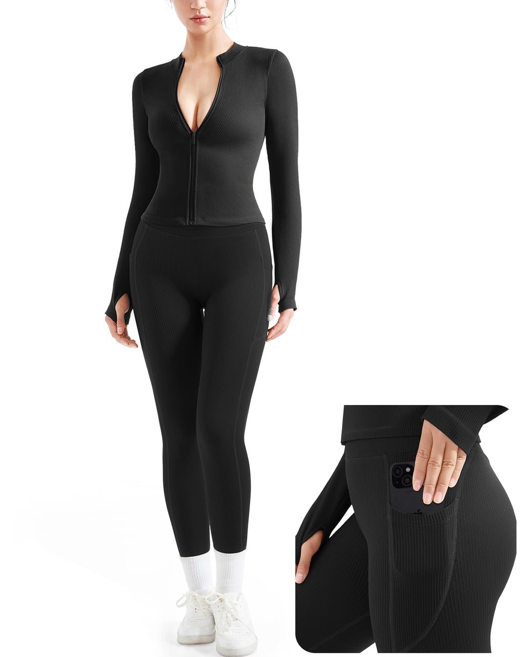 Women's Ribbed Seamless Workout Set with Zip Jacket & High Waisted Gym Leggings