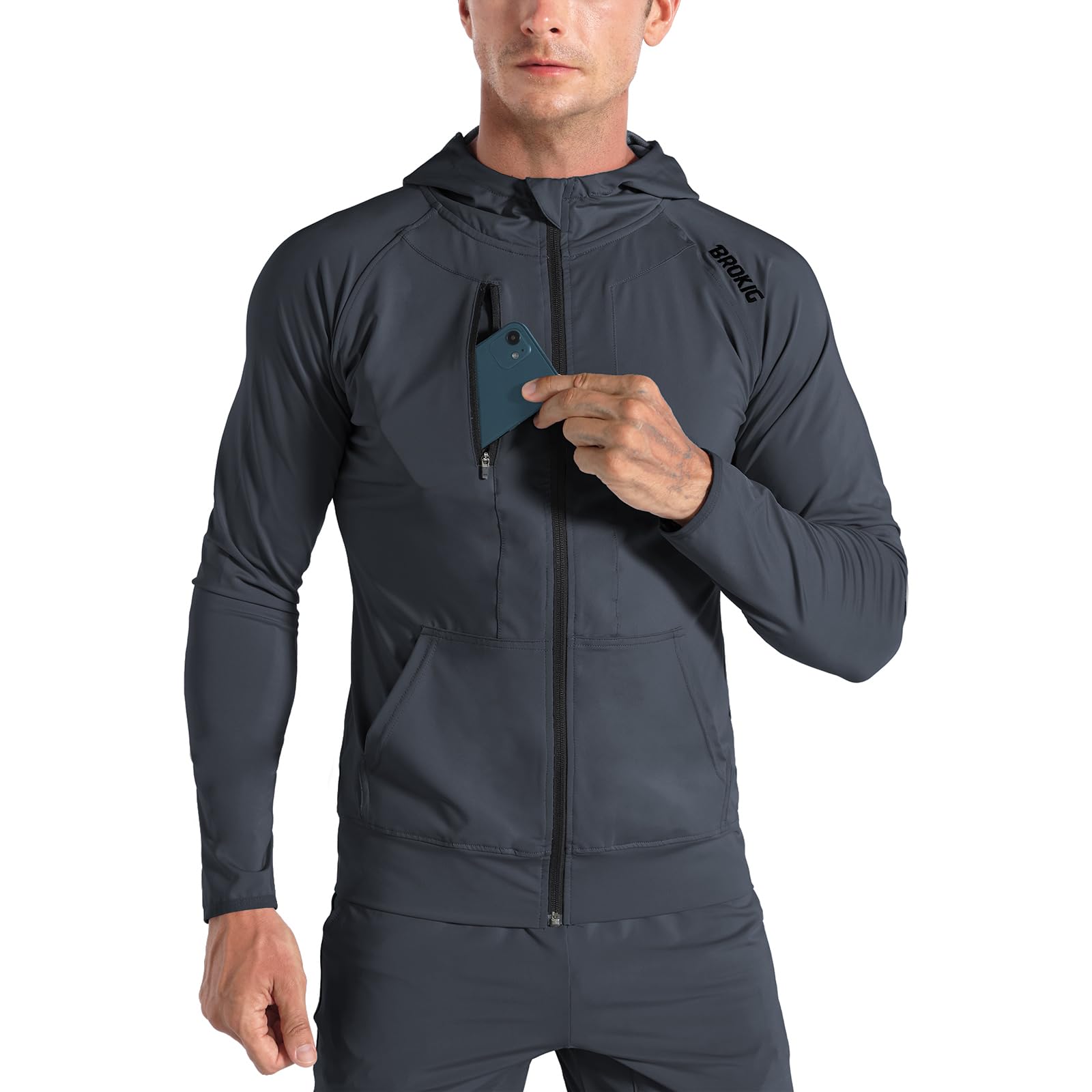 BROKIG Mens WindBreak Lightweight Running Jackets with Zip Pocket, Workout Track Hoodie Athletic Gym Sweatshirts Men