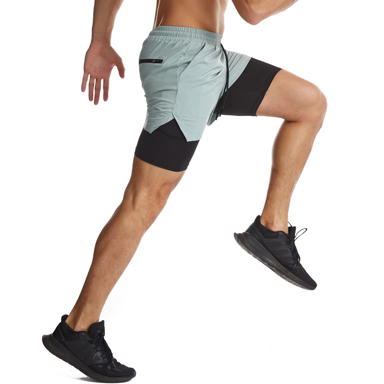 Surenow Mens 2 in 1 Running Shorts Quick Dry Athletic Shorts with Liner, Workout Shorts with Zip Pockets and Towel Loop