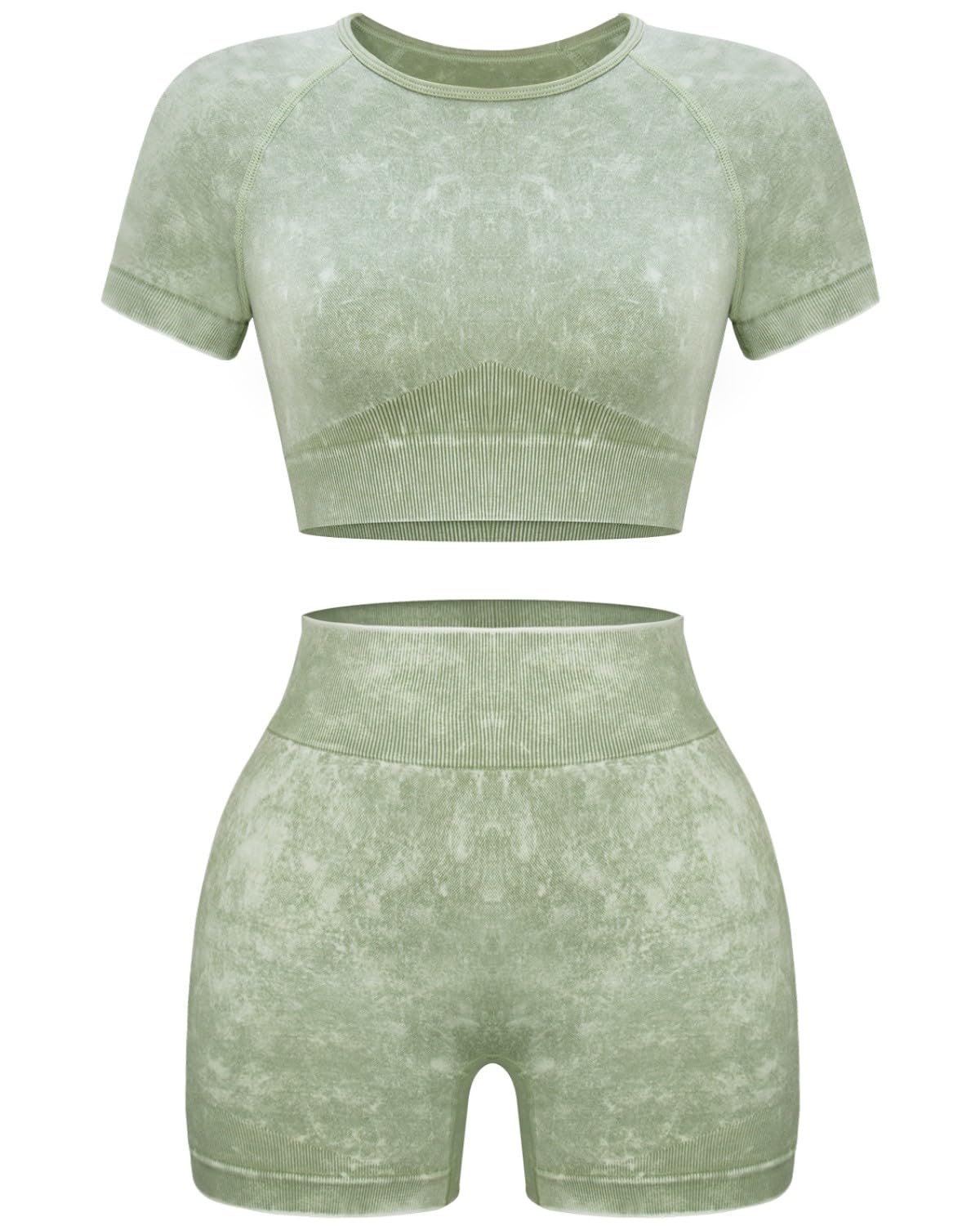 OLCHEE Seamless Acid Wash 2-Piece Workout Set Women Crop Top & Shorts Yoga Gym Outfit