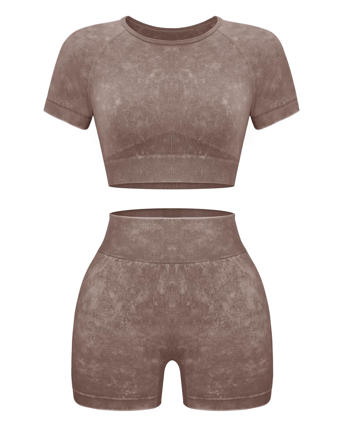 OLCHEE Seamless Acid Wash 2-Piece Workout Set Women Crop Top & Shorts Yoga Gym Outfit