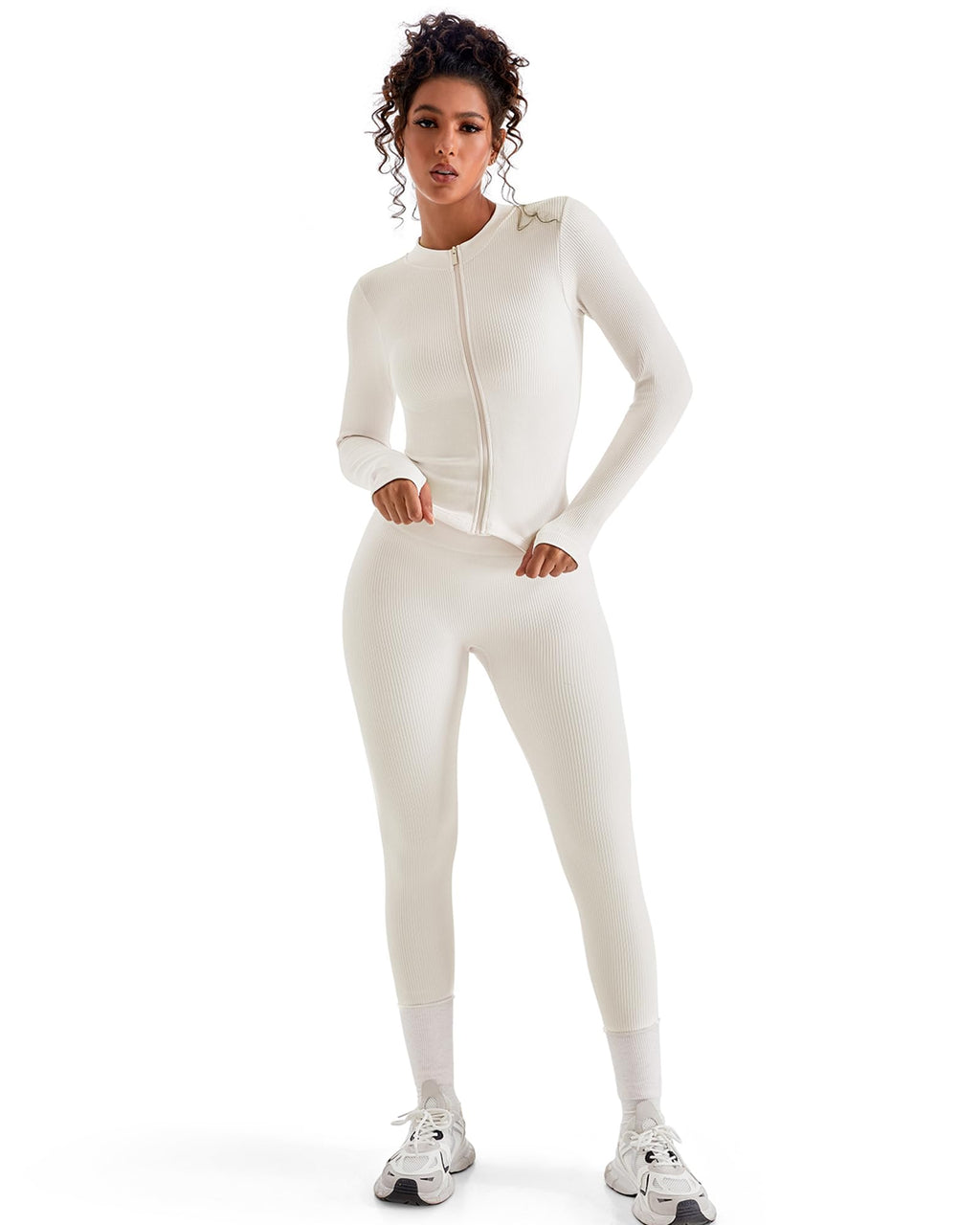 SUUKSESS Women 2 Piece Seamless Ribbed Workout Sets With Zip Up Jacket High Waisted Gym Yoga Leggings