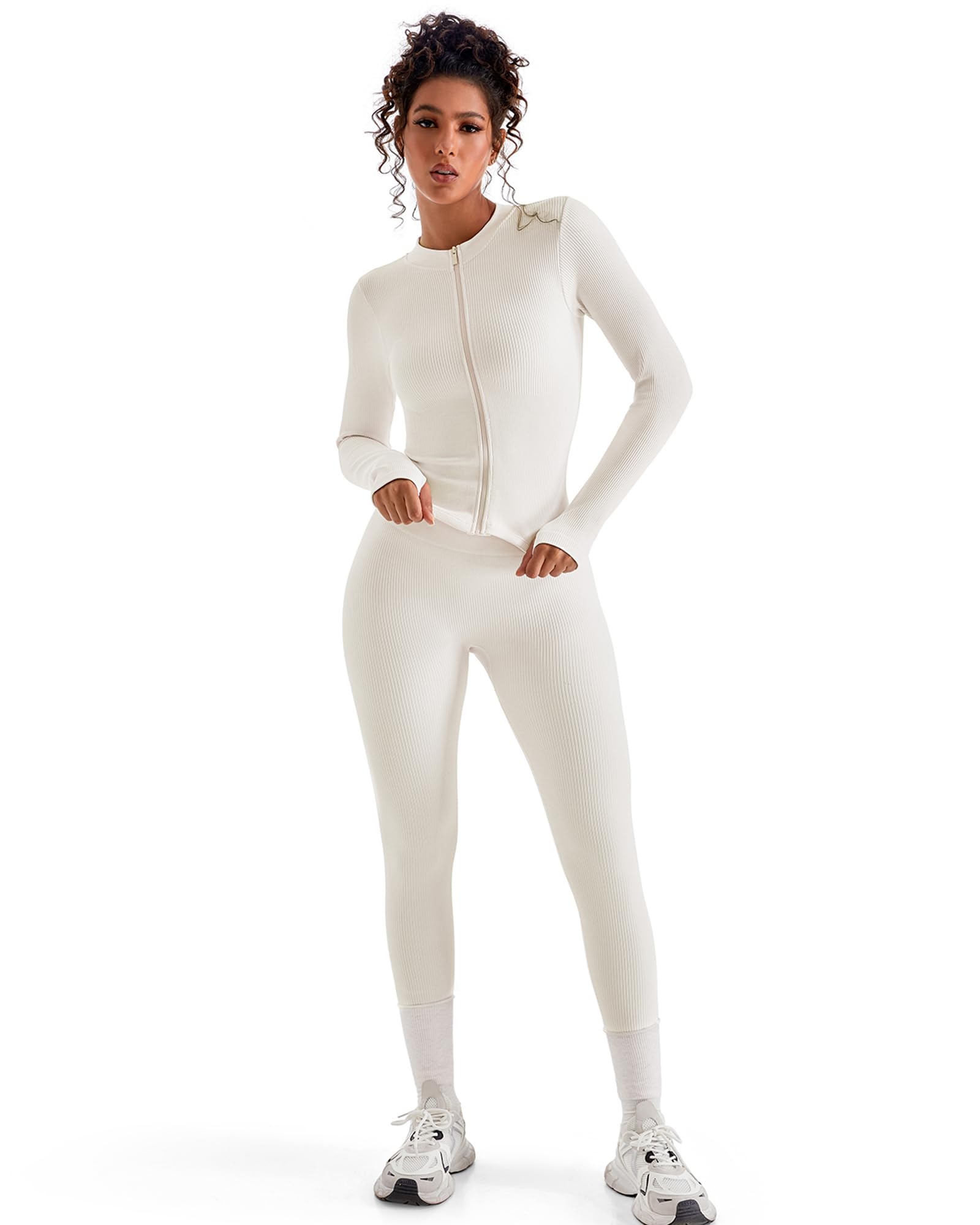 SUUKSESS Women 2 Piece Seamless Ribbed Workout Sets With Zip Up Jacket High Waisted Gym Yoga Leggings