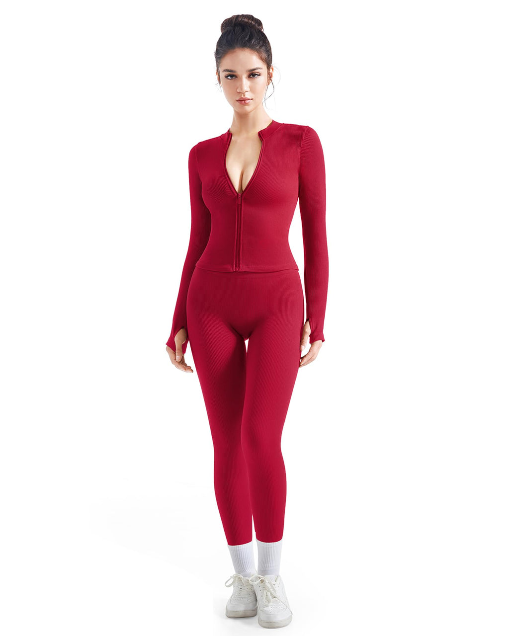 Women's Ribbed Seamless Workout Set with Zip Jacket & High Waisted Gym Leggings