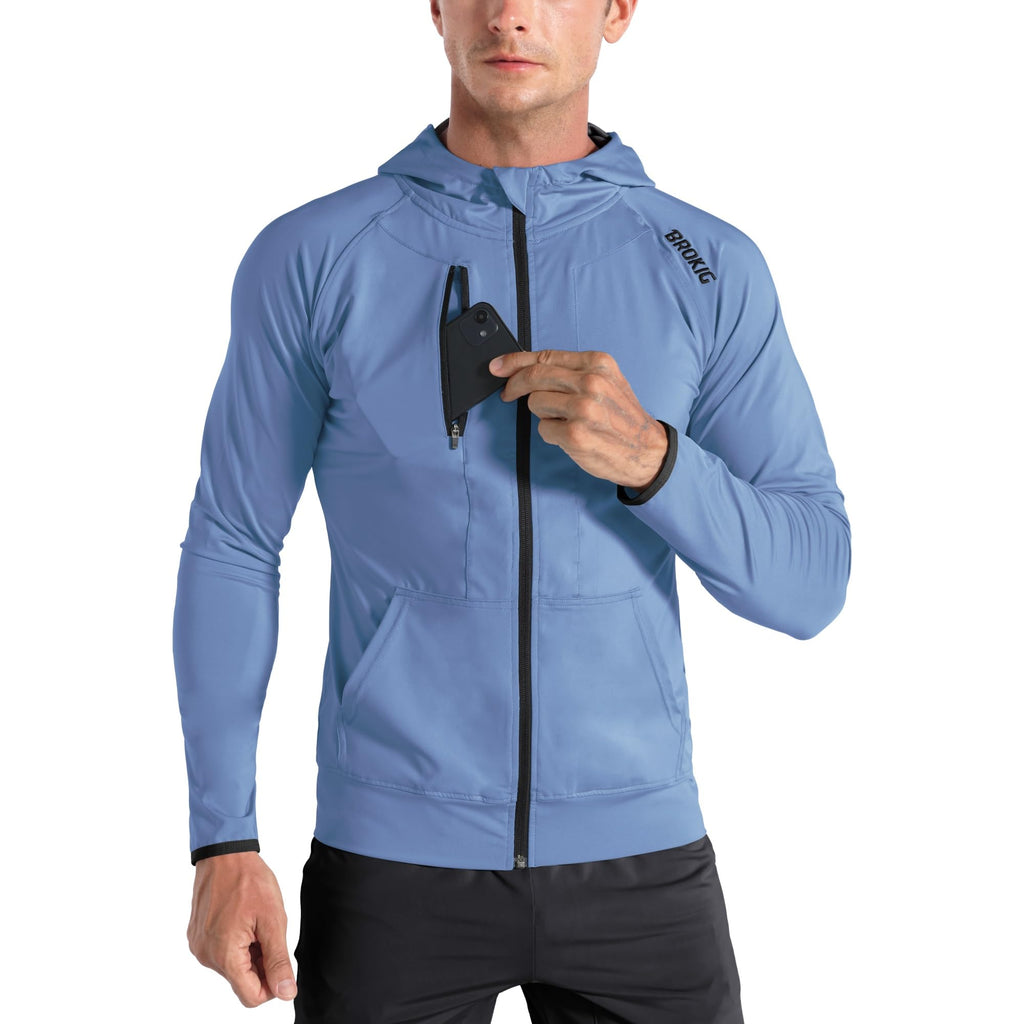 Men's Lightweight Windbreaker Running Jacket with Zip Pockets, Workout Track Hoodie