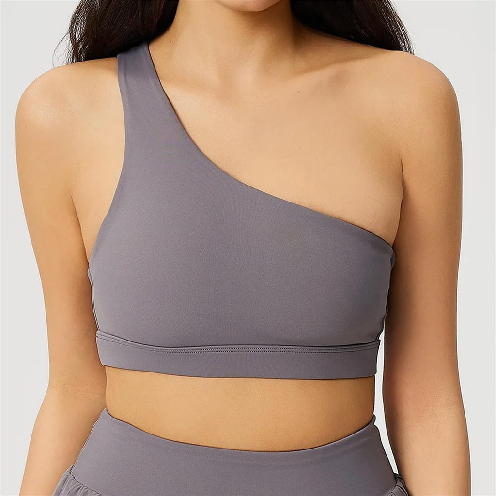 Women's One Shoulder Athletic Sports Bra Quick Dry Shockproof Crop Top for Exercise Fitness Training