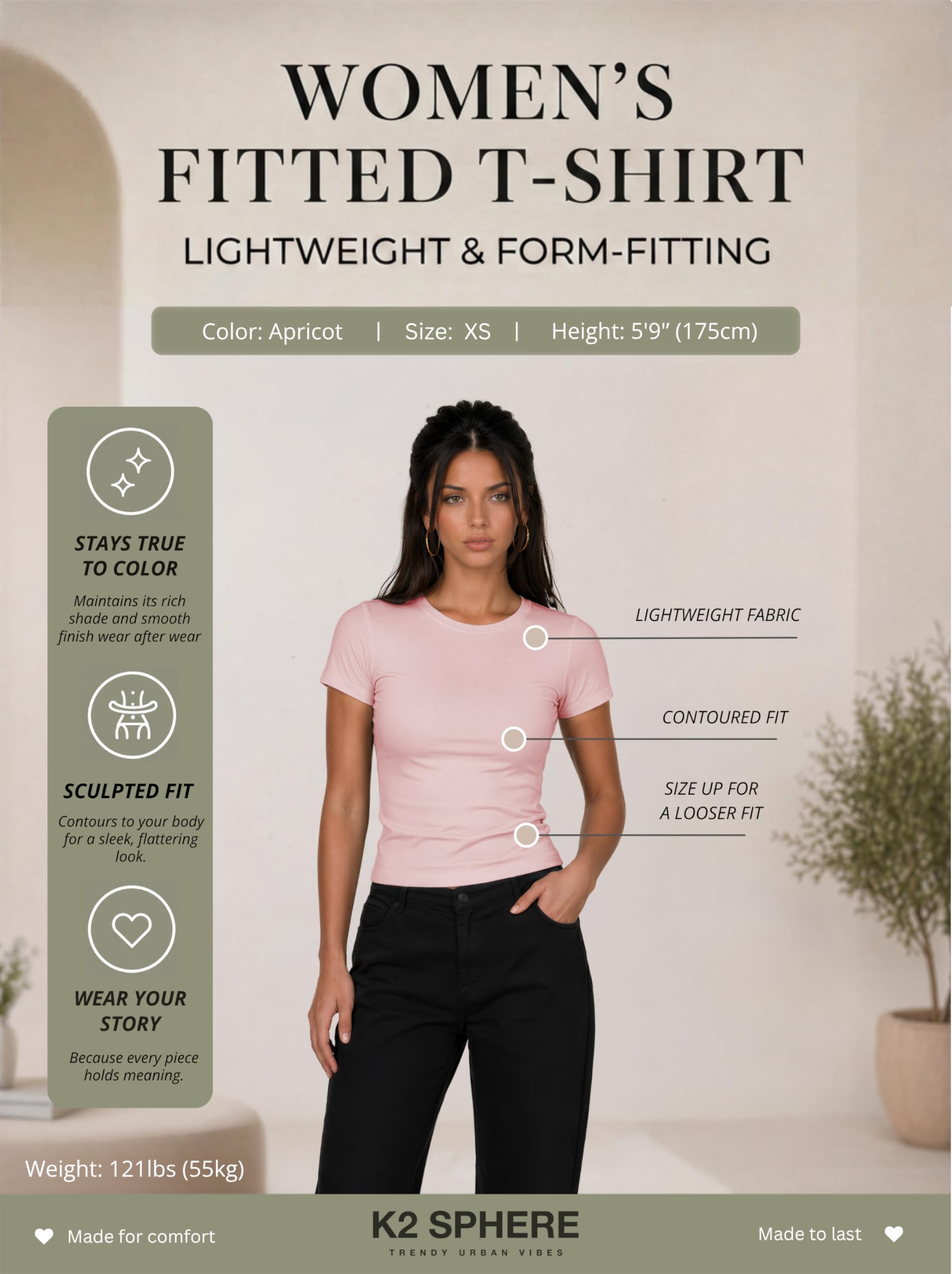 K2 SPHERE Fitted Tshirt Women Short Sleeve - Women’s Fit T-Shirt, Stretch Tee, Crew Neck Snug Tops, Lightweight Form-Fitting