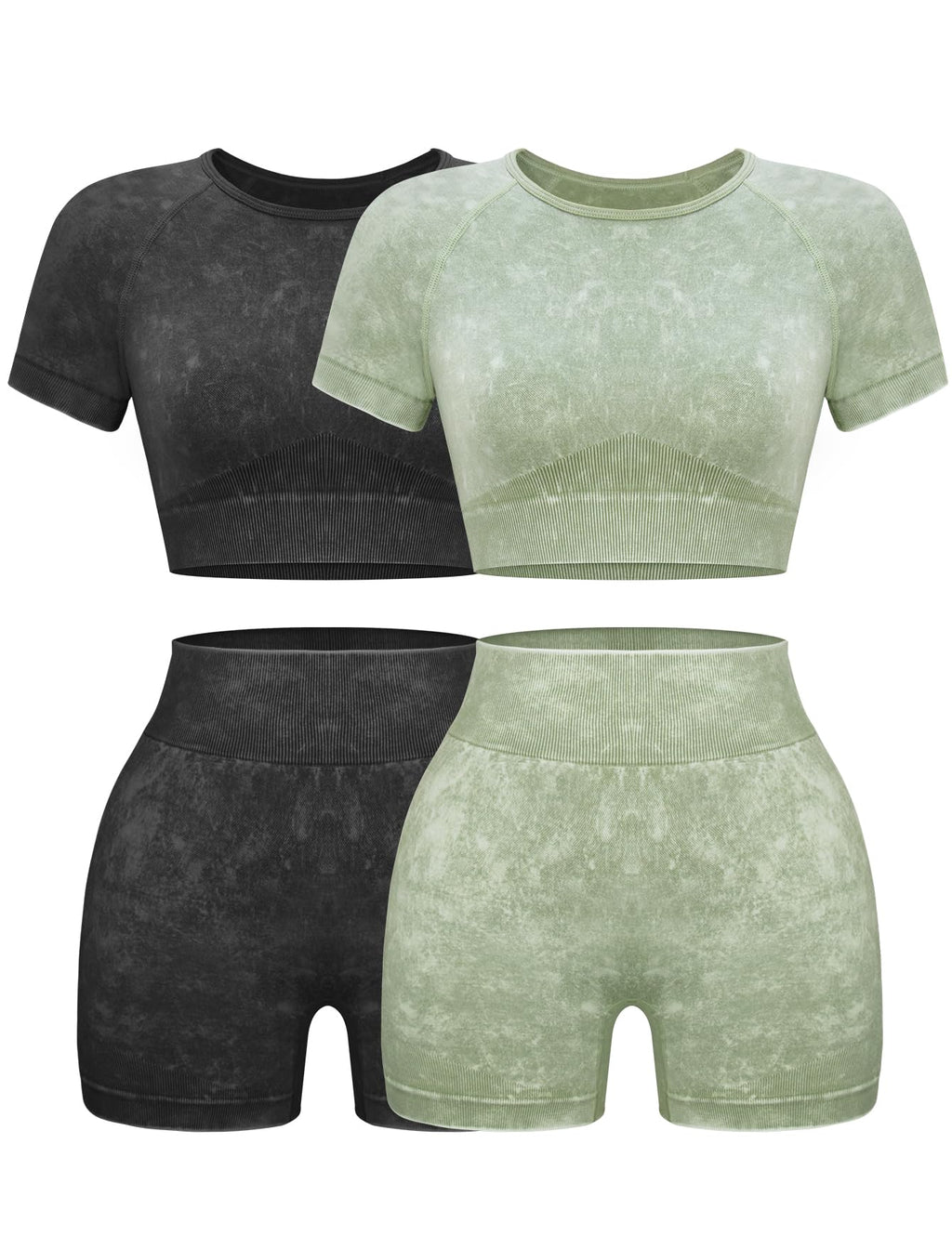 OLCHEE Seamless Acid Wash 2-Piece Workout Set Women Crop Top & Shorts Yoga Gym Outfit