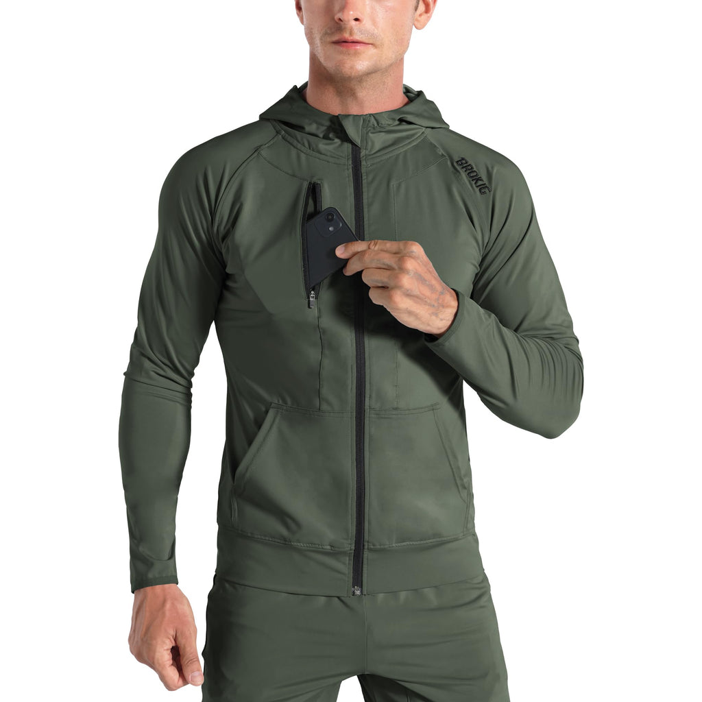 Men's Lightweight Windbreaker Running Jacket with Zip Pockets, Workout Track Hoodie