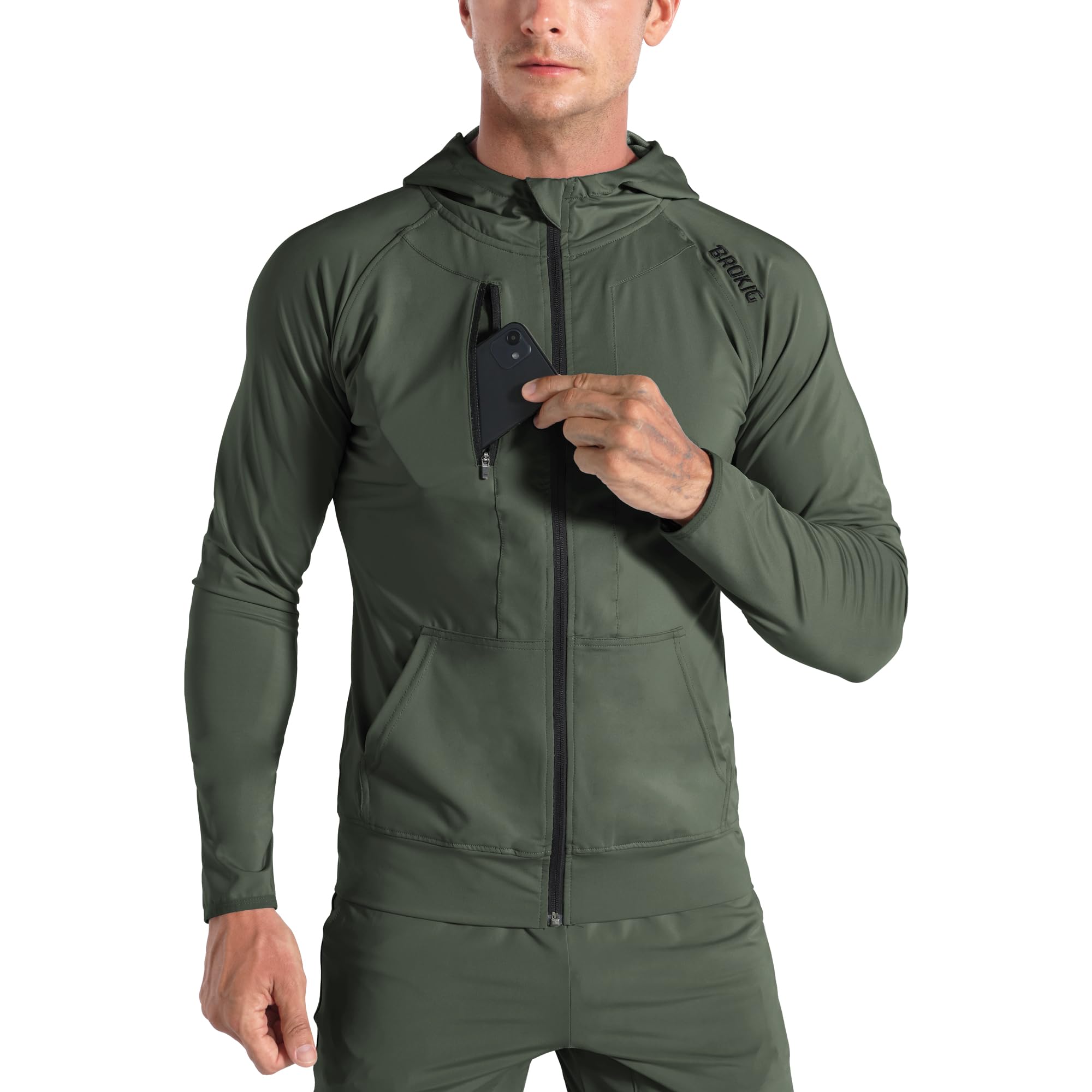 Men's Lightweight Windbreaker Running Jacket with Zip Pockets, Workout Track Hoodie