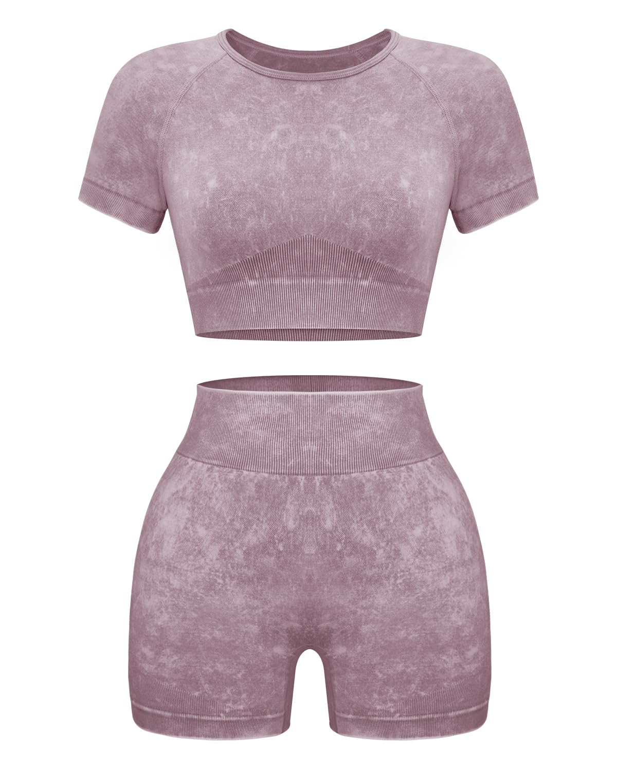 OLCHEE Seamless Acid Wash 2-Piece Workout Set Women Crop Top & Shorts Yoga Gym Outfit