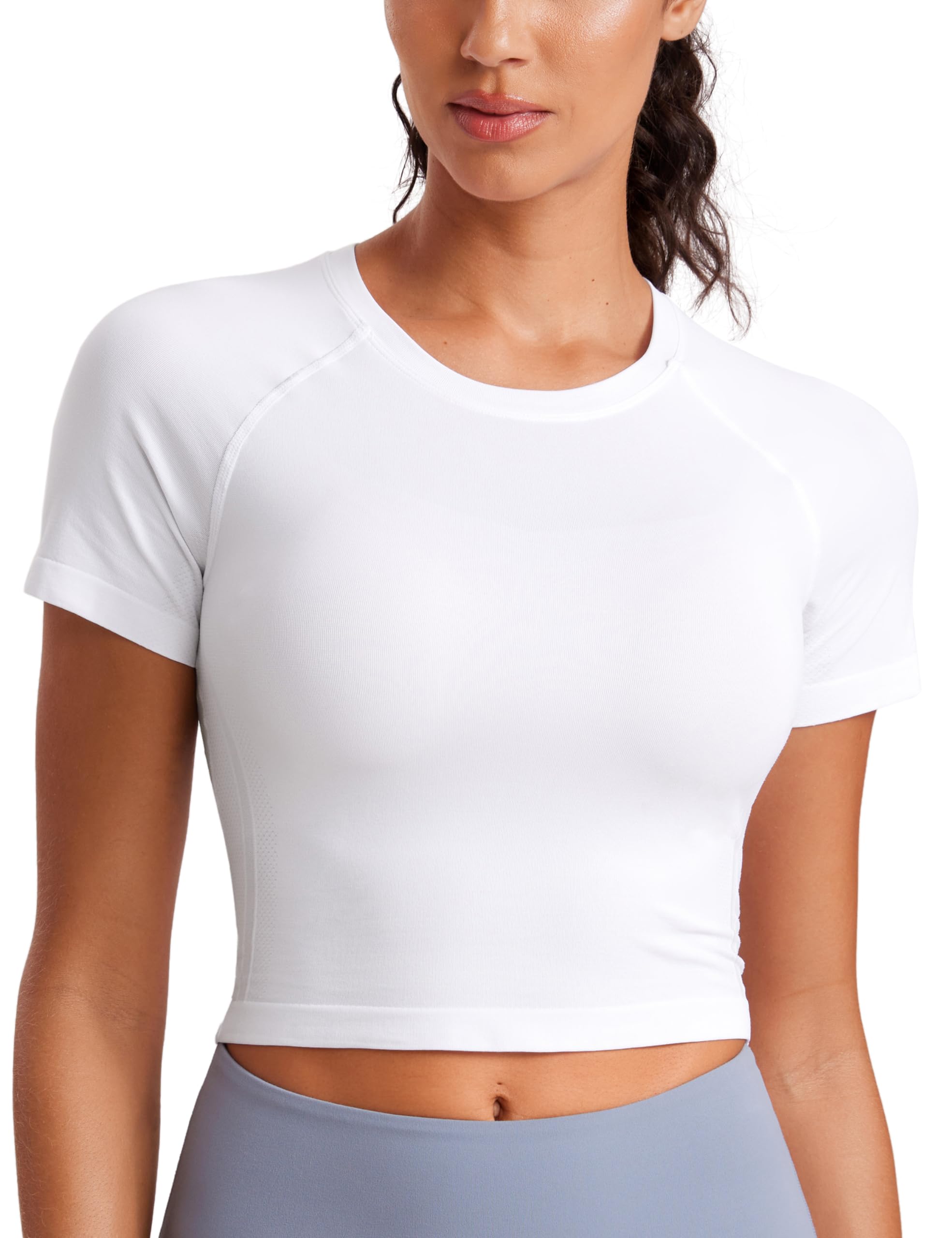 CRZ YOGA Seamless Crop Workout Tops for Women - Athletic Running Gym Yoga Short Sleeve Shirts Basic