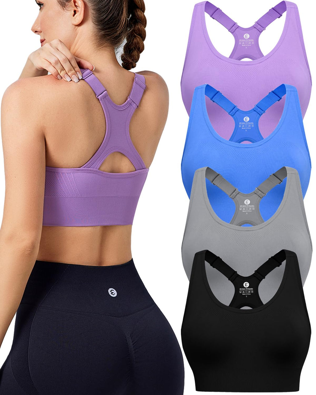 Evercute High Impact Sports Bras for Women 3/4/5 Pack, Adjustable Straps Padded Supportive Seamless Racerback Running Bras