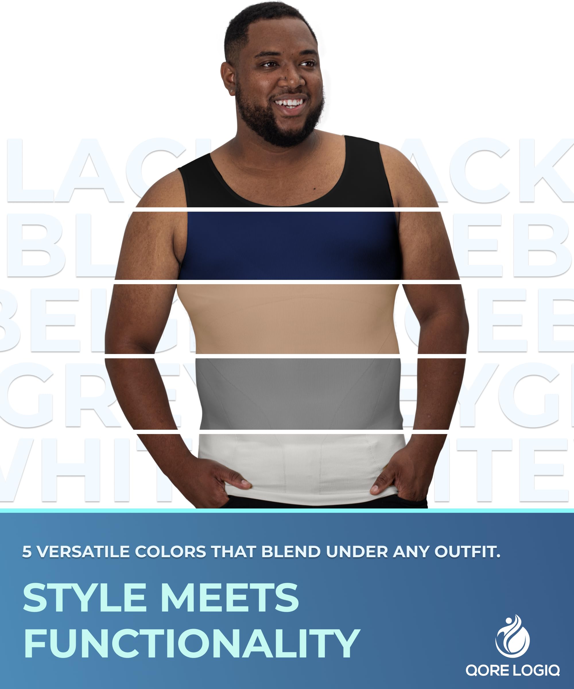 QORE LOGIQ Gynecomastia Compression Shirts for Men - Sleeveless Slimming Undershirts Tummy Control and Body Shaper Tank Top