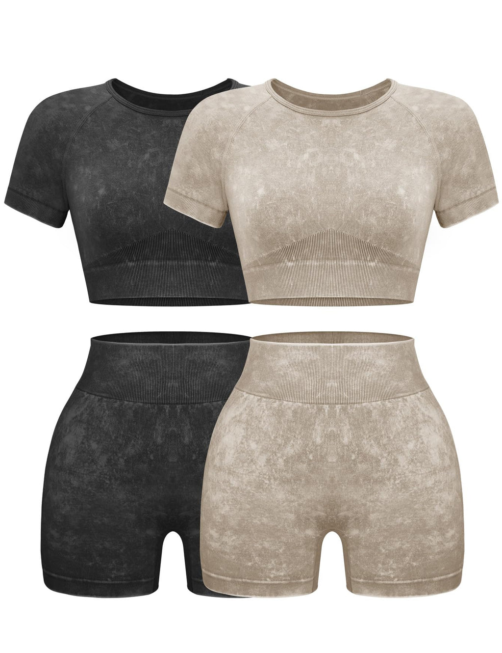 OLCHEE Seamless Acid Wash 2-Piece Workout Set Women Crop Top & Shorts Yoga Gym Outfit
