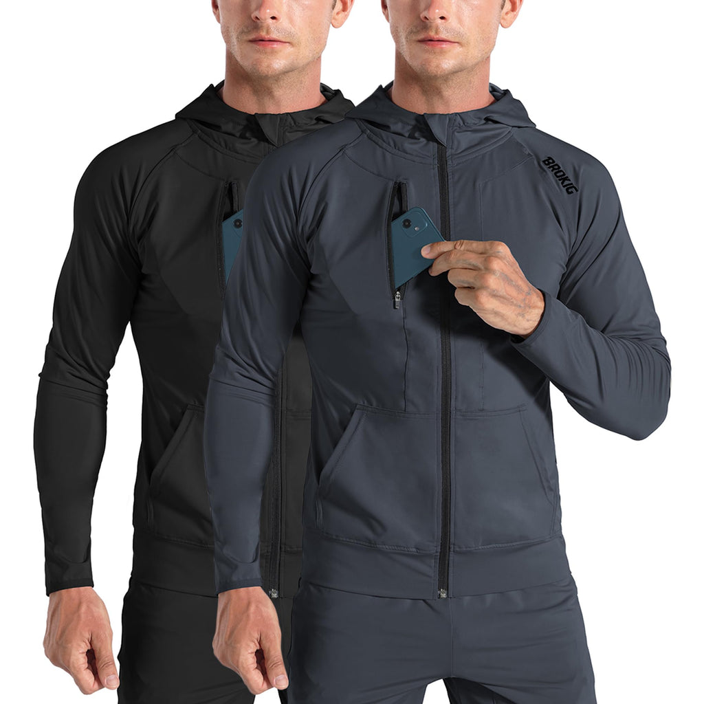 Men's Lightweight Windbreaker Running Jacket with Zip Pockets, Workout Track Hoodie
