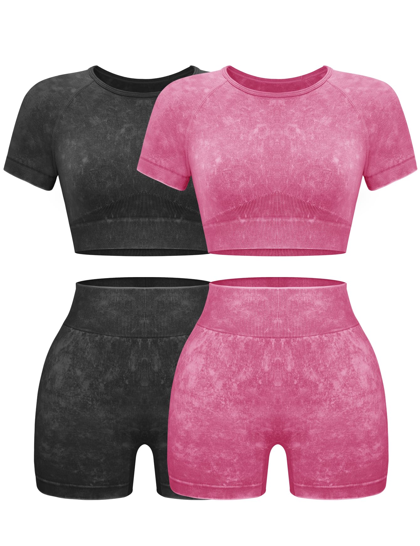 OLCHEE Seamless Acid Wash 2-Piece Workout Set Women Crop Top & Shorts Yoga Gym Outfit