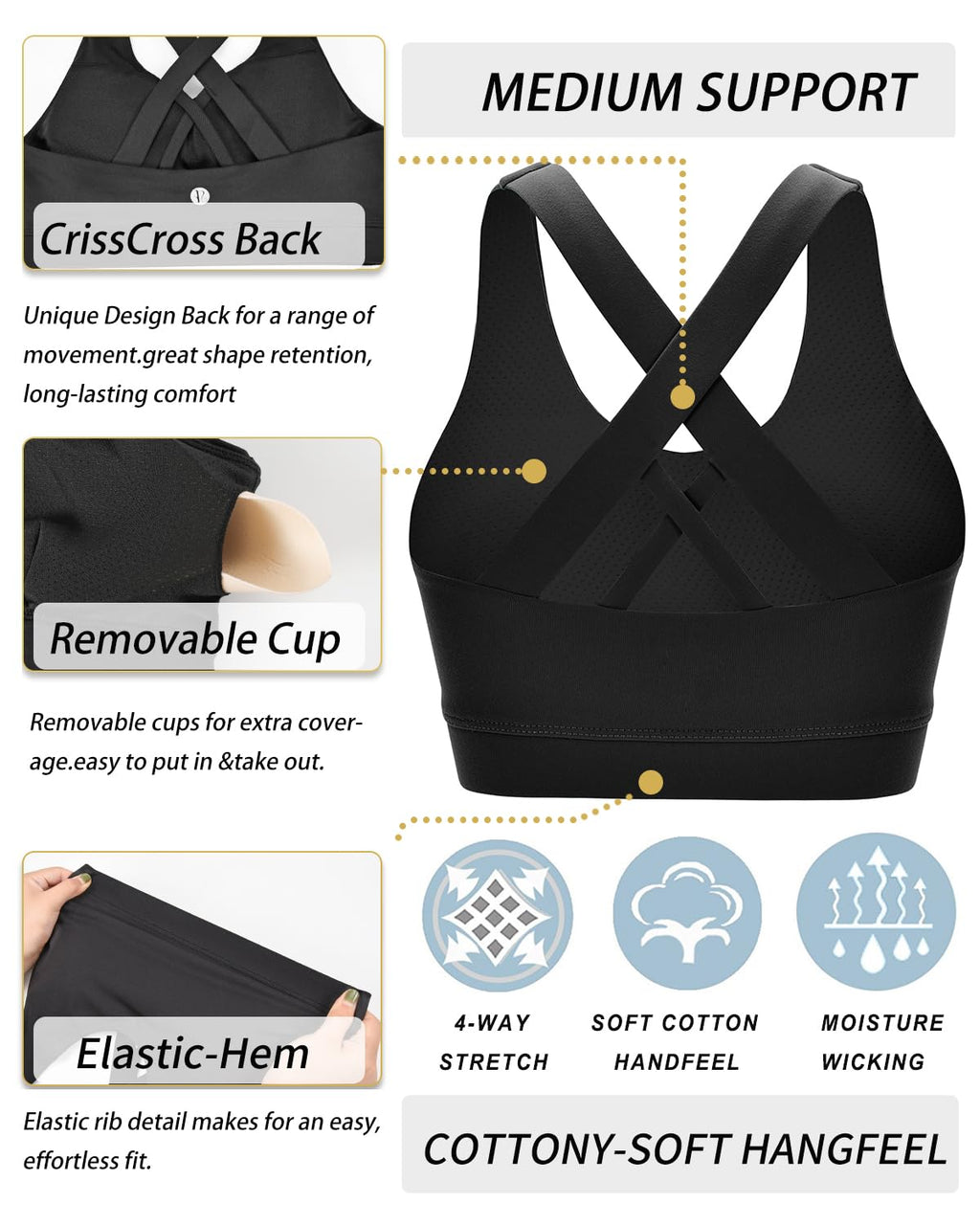 RUNNING GIRL Sports Bras for Women,Padded Strappy Sports Bras Criss-Cross Back Medium Support Sports Bras with Removable Cups