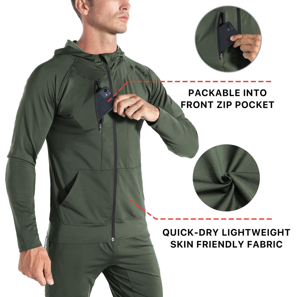 BROKIG Mens WindBreak Lightweight Running Jackets with Zip Pocket, Workout Track Hoodie Athletic Gym Sweatshirts Men