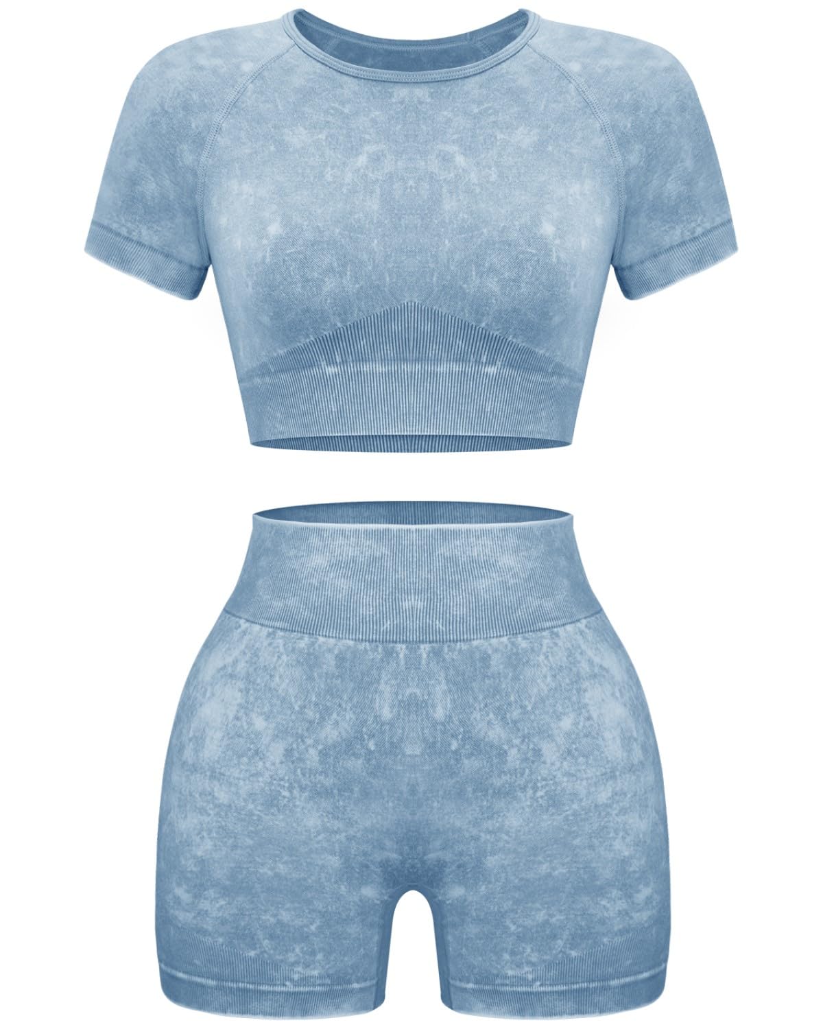 OLCHEE Seamless Acid Wash 2-Piece Workout Set Women Crop Top & Shorts Yoga Gym Outfit